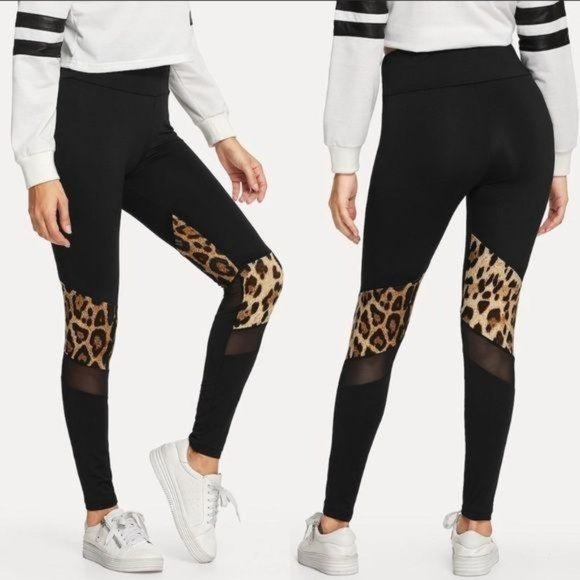 WILA Pants - Wila Black Leopard Color Block Mesh Full Length Leggings Small